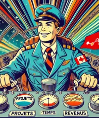 Pilote souriant dans un cockpit de fusée rétro avec cadrans en français « Projets », « Temps », « Revenus » et un drapeau canadien sur l’épaule, en illustration BD vintage, symbolisant la planification et la croissance professionnelle.