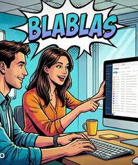 Illustration style bande dessinée montrant deux collègues collaborant joyeusement devant l'interface des Blablas de Casserole Pro, mettant en avant la communication fluide.