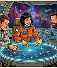 Trois astronautes en combinaison rétro collaborant autour d'une table lumineuse pour illustrer la gestion de projet en ligne