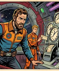 Astronaute vintage pointant une carte dans une horloge spatiale complexe, illustrant un logiciel gestion temps de travail traditionnel ou un logiciel feuille de temps axé uniquement sur la paie des employés.