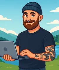 Raphaël, développeur frontend de Casserole.pro, travaillant sur son portable devant un lac au Québec — logiciel de gestion moderne et local.