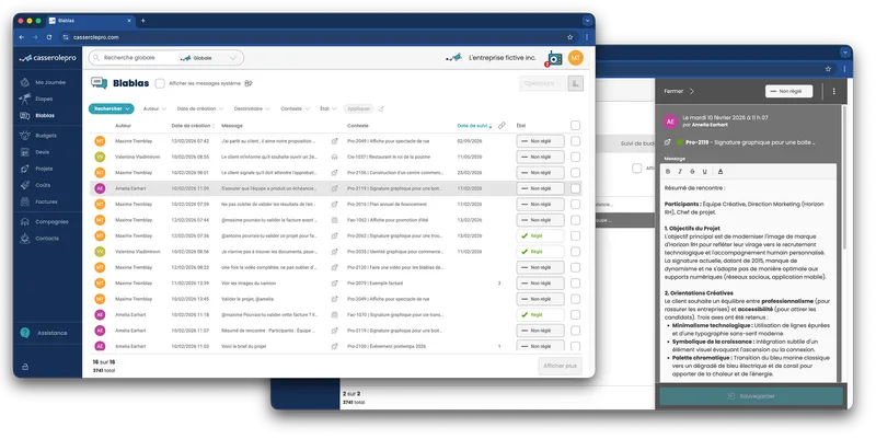 Vue d'ensemble de l'interface Blablas dans Casserole.pro regroupant l'historique des communications et des notes système.