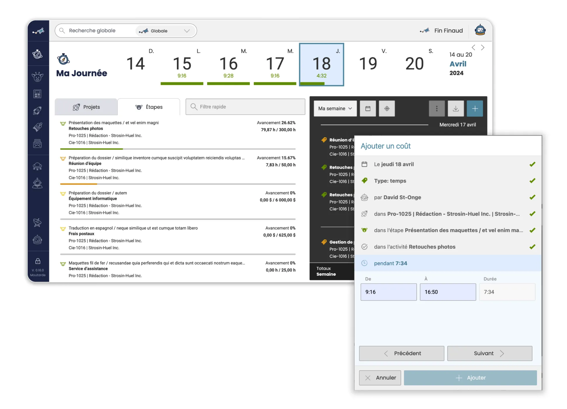 Interface de la section 'Ma journée' de Casserole.pro, permettant aux utilisateurs d'enregistrer leur temps et leurs frais par projet
