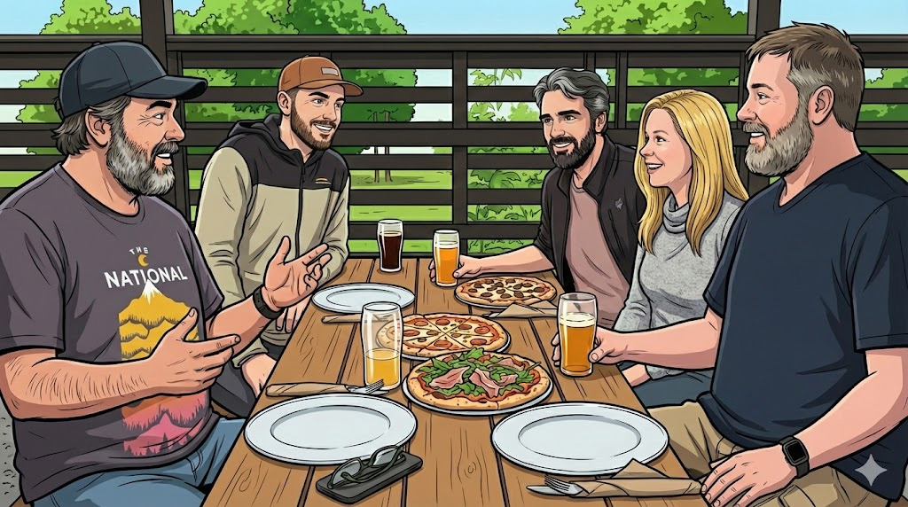 L’équipe soudée de Casserole.pro partageant un moment convivial autour de pizzas et de bières sur une terrasse ensoleillée. Illustration en style bande dessinée.