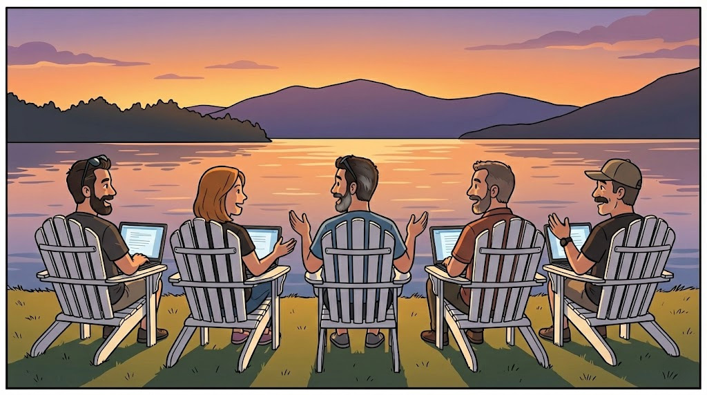 Illustration style bande dessinée de l’équipe Casserole.pro (Maxime, Stéphanie, Alex, Raphaël et Simon) en train de collaborer avec leurs ordinateurs portables, assis dans des chaises Adirondack au bord d’un lac au coucher du soleil.