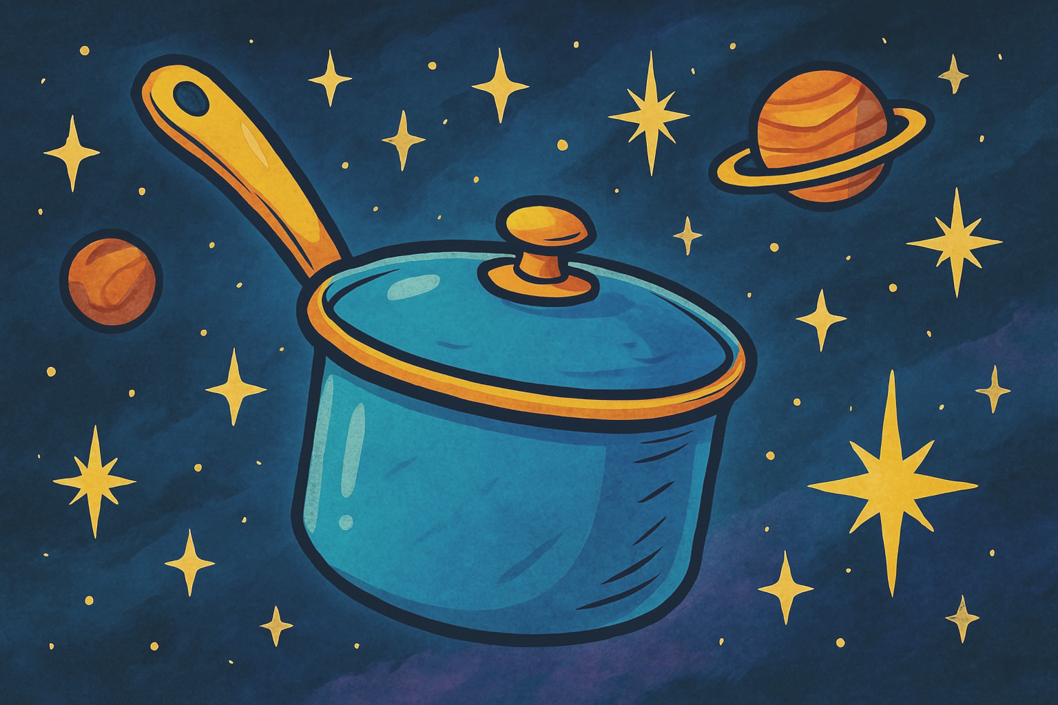 Illustration futuriste d’une casserole en orbite pour symboliser l’évolution des outils.