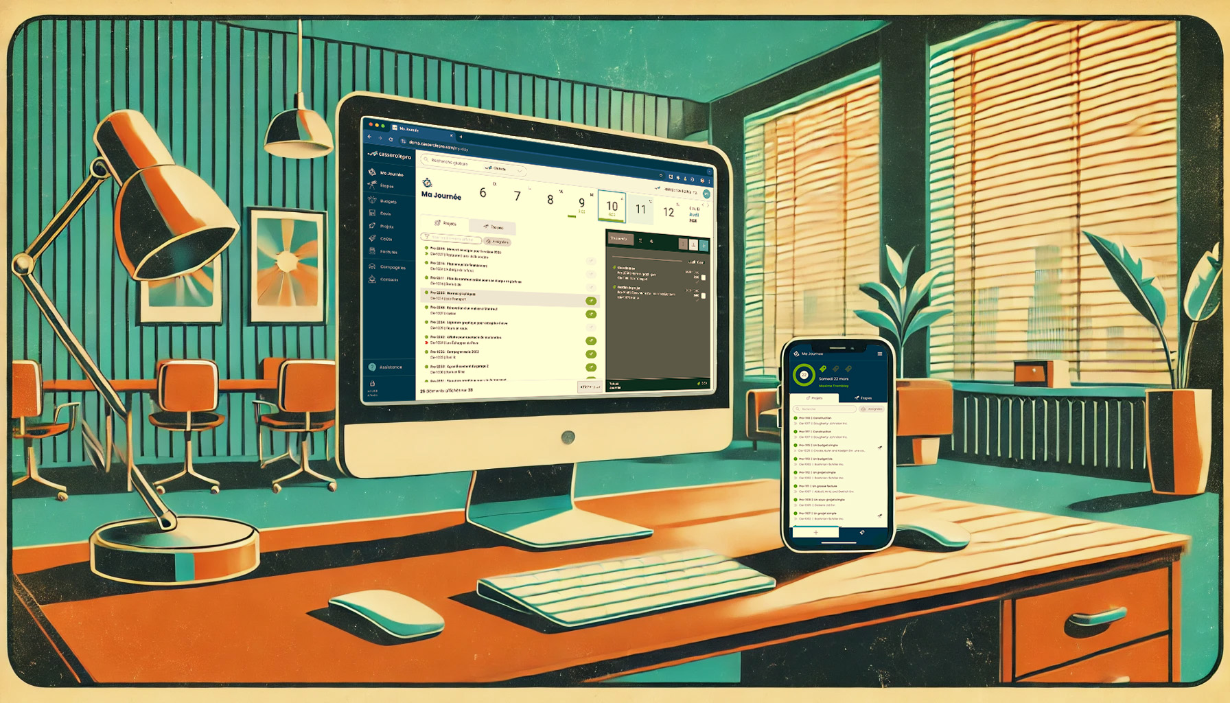 Vue de l’interface de gestion de projet Casserole.pro sur écran d’ordinateur et téléphone mobile