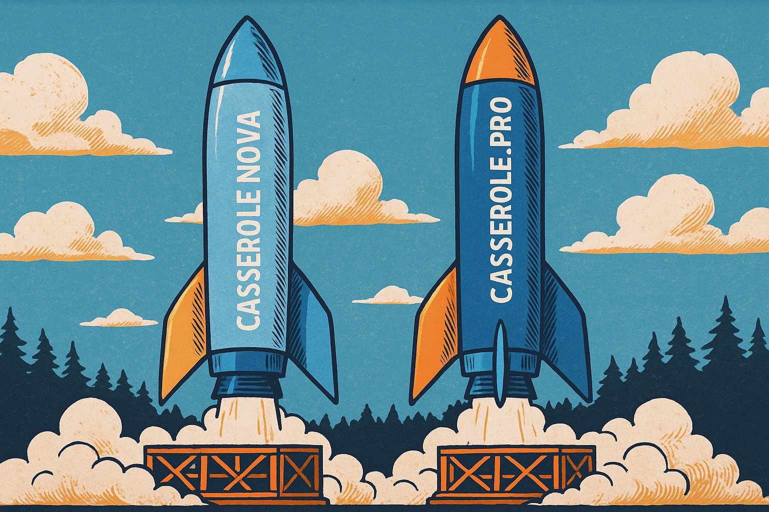 Illustration de deux fusées représentant la transition entre Casserole Nova et Casserole.pro, symbolisant un logiciel plus moderne et plus rapide.
