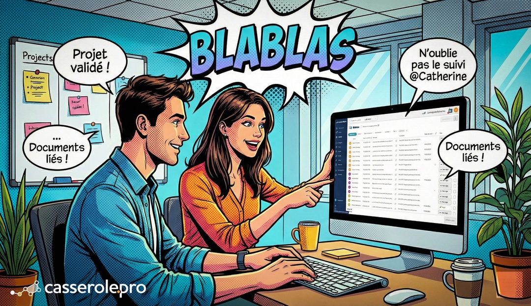Illustration style bande dessinée montrant deux collègues collaborant joyeusement devant l’interface des Blablas de Casserole Pro, mettant en avant la communication fluide.
