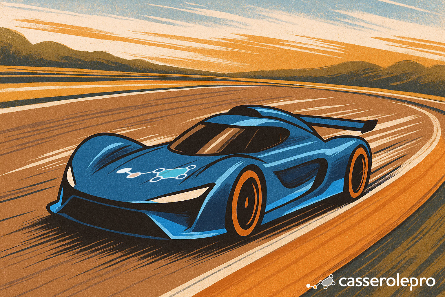 Illustration d’une voiture de course bleue avec le logo Casserole.pro, symbolisant la rapidité du logiciel et ses performances améliorées.
