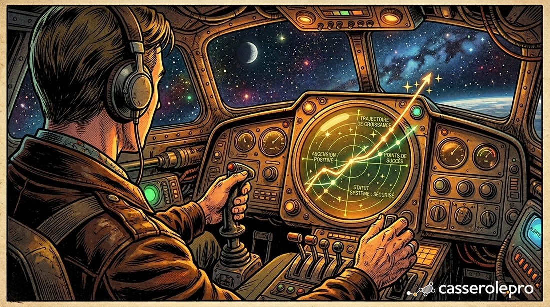 Astronaute vintage concentré sur un graphique de croissance vers le haut grâce à un bon logiciel gestion entreprise