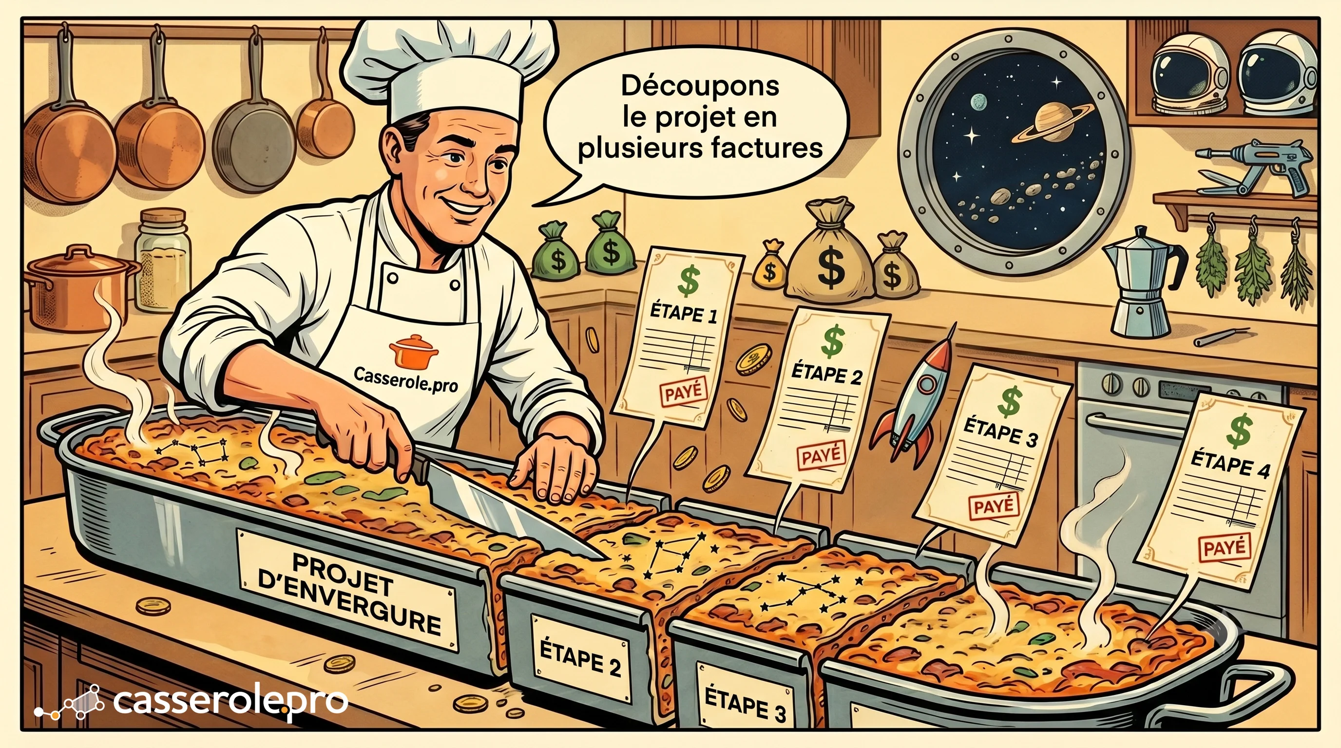 Chef cuisinier découpant un projet d’envergure en plusieurs factures progressives avec le logiciel Casserole.pro