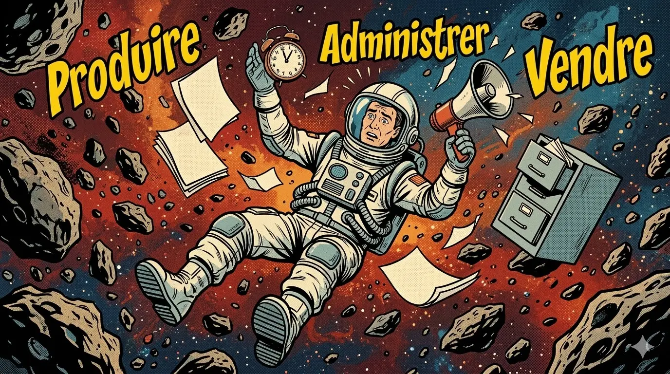 Illustration BD vintage d’un astronaute débordé dans l’espace, jonglant avec les tâches de produire, administrer et vendre, symbolisant les défis de gestion d’un travailleur autonome au Canada.