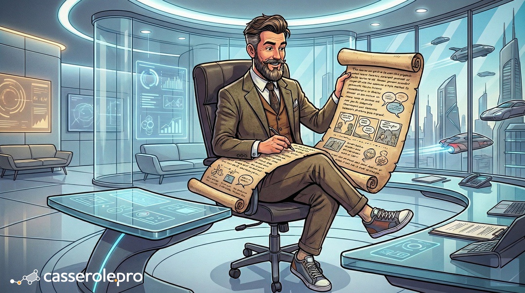Illustration anachronique d’un gestionnaire dans un bureau futuriste lisant l’histoire détaillée d’un projet sur un parchemin, symbolisant la mémoire et le contexte narratif des données.