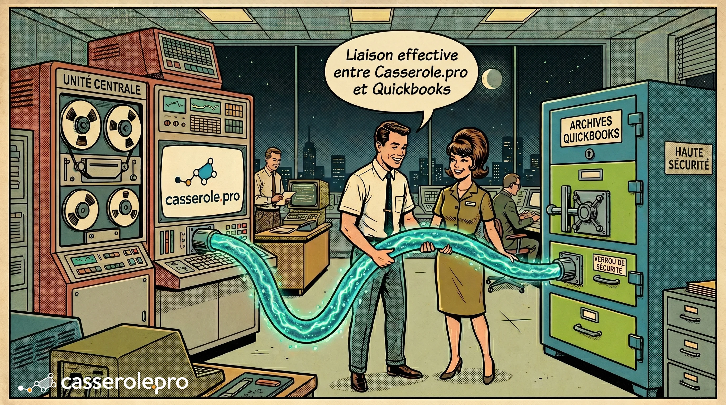 Deux personnes connectant Casserole Pro et QuickBooks pour une application de gestion faite pour les petites entreprises