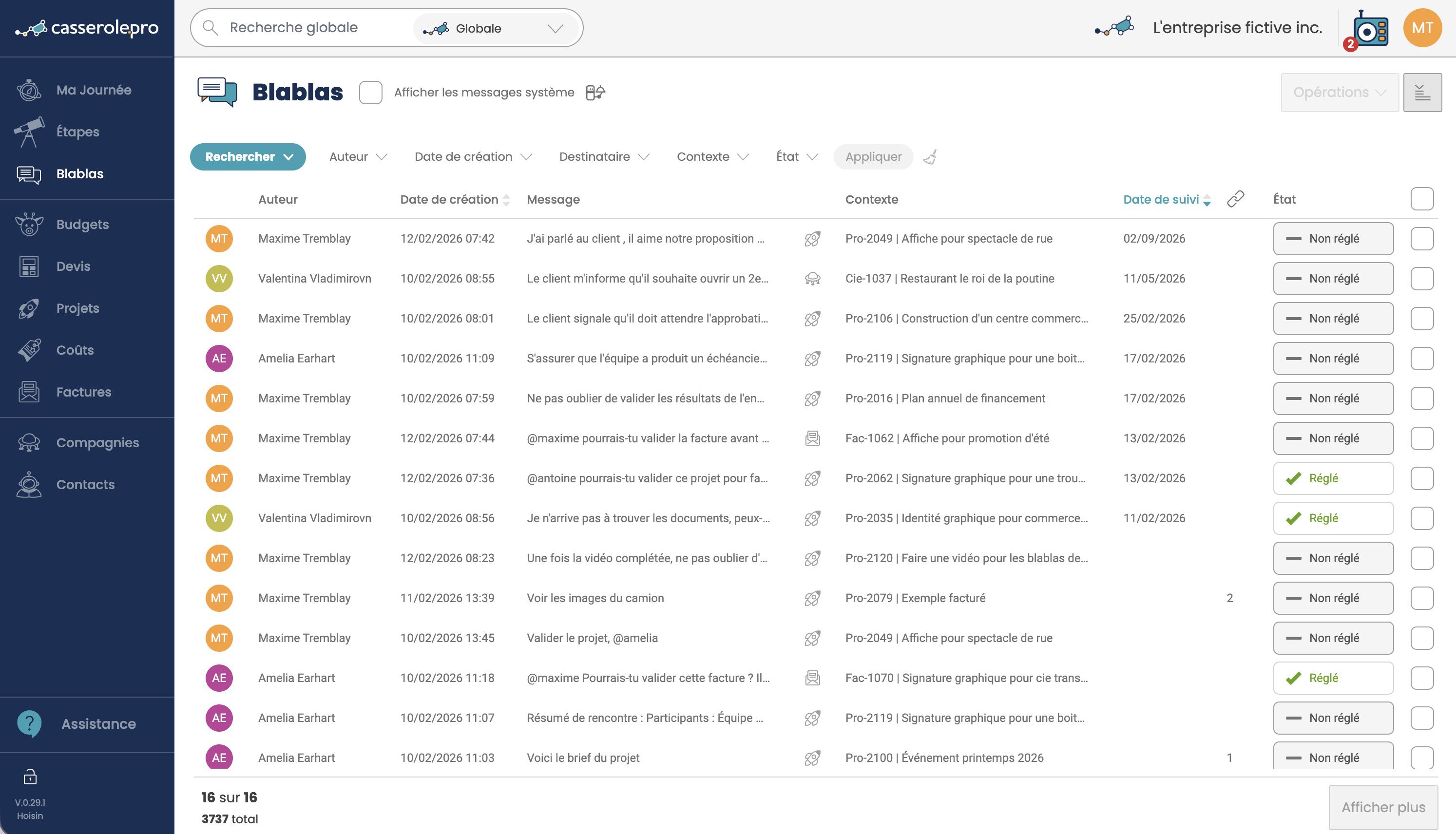 Capture d’écran de l’interface de Casserole Pro montrant la liste des Blablas, avec les colonnes auteur, message, contexte et état de règlement.