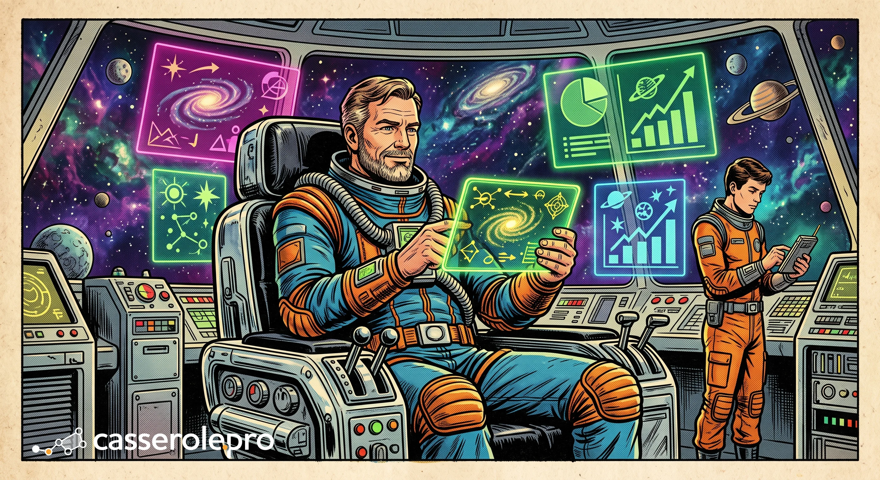 Capitaine spatial analysant des hologrammes de profitabilité aux commandes de son vaisseau, représentant la vue d’ensemble et les marges générées par un logiciel gestion de projet et logiciel gestion de temps complet.