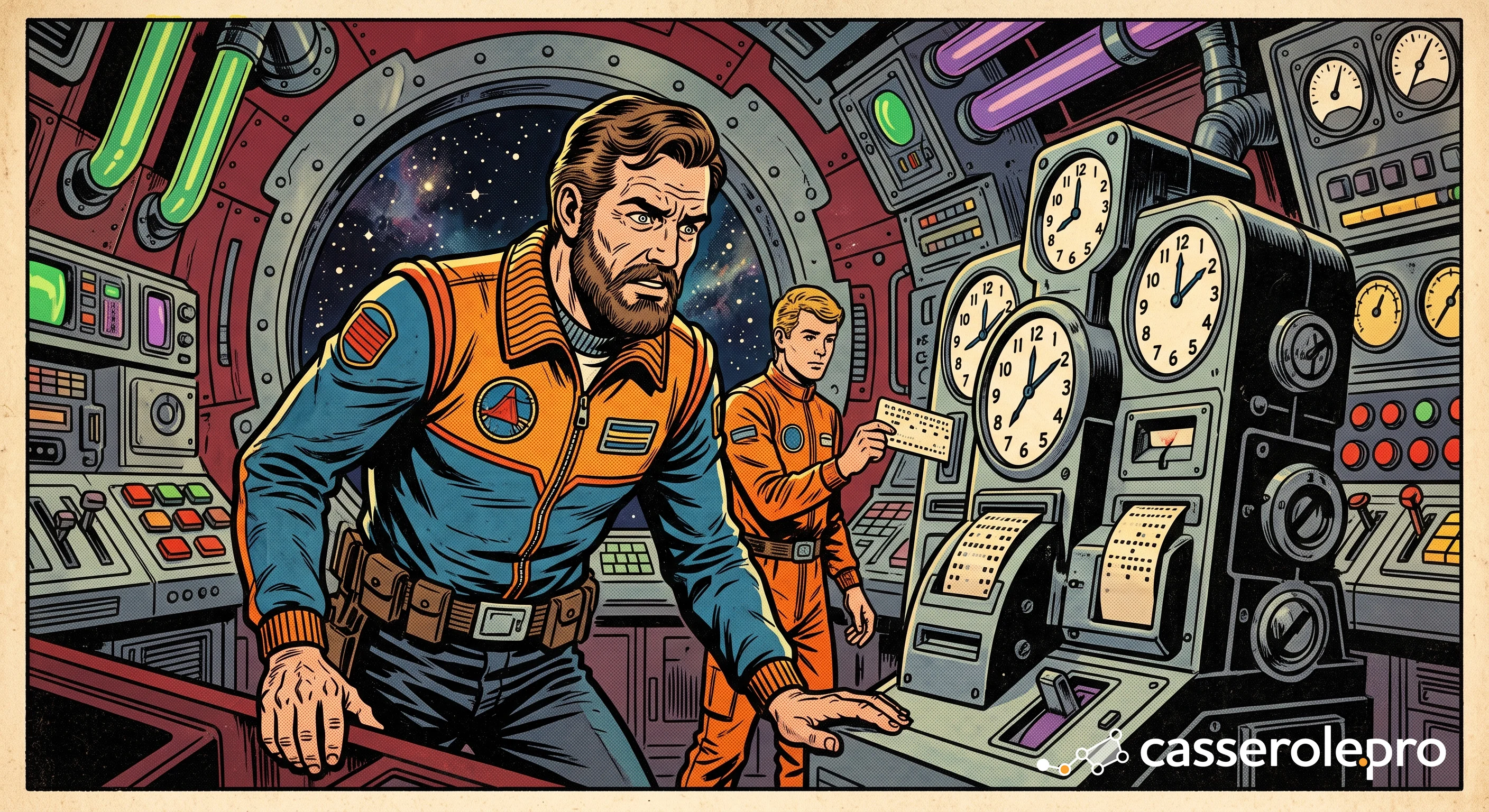 Astronaute vintage pointant une carte dans une horloge spatiale complexe, illustrant un logiciel gestion temps de travail traditionnel ou un logiciel feuille de temps axé uniquement sur la paie des employés.