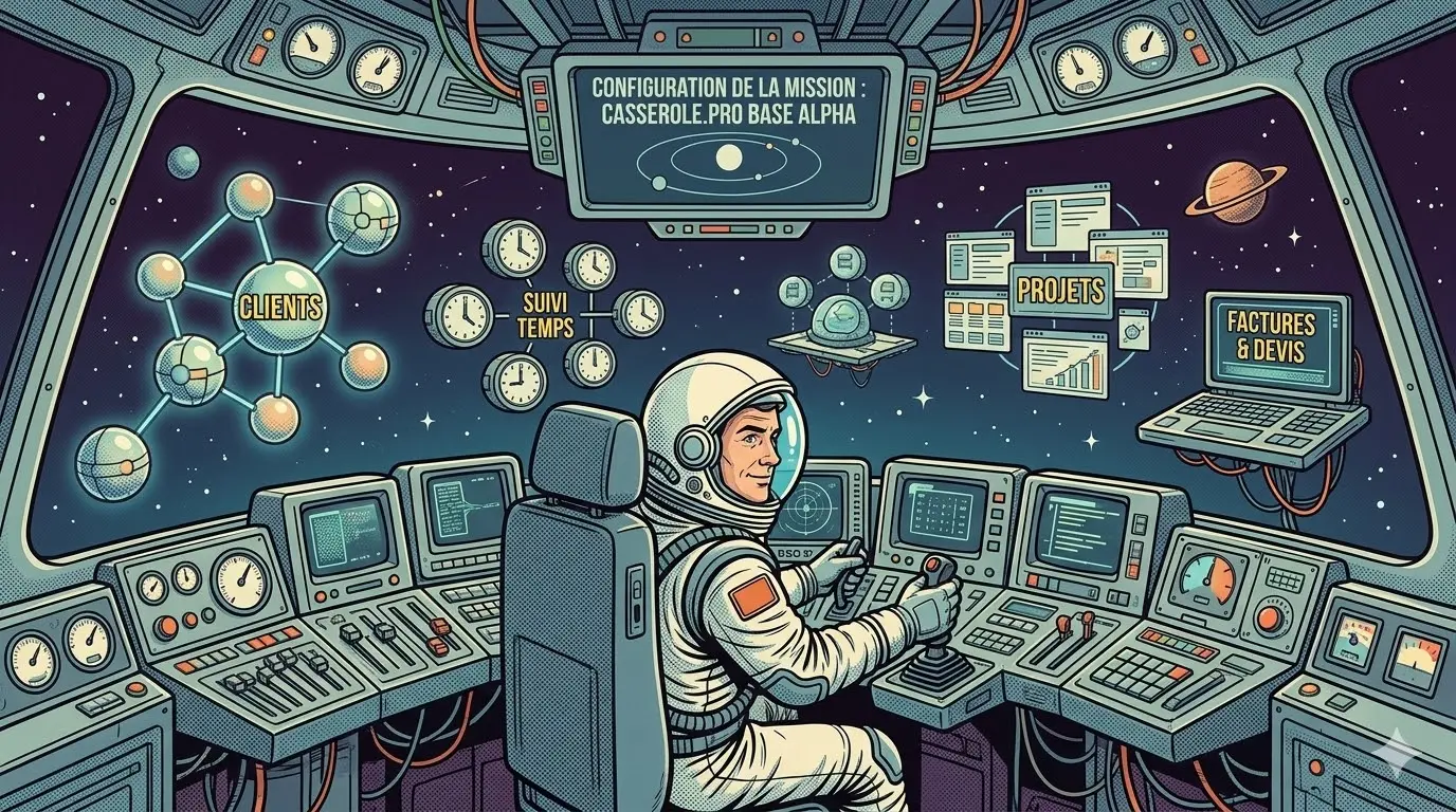 Astronaute aux commandes de la station spatiale Casserole.pro, illustrant un logiciel de gestion centralisant les clients, le suivi du temps, les projets et les factures.