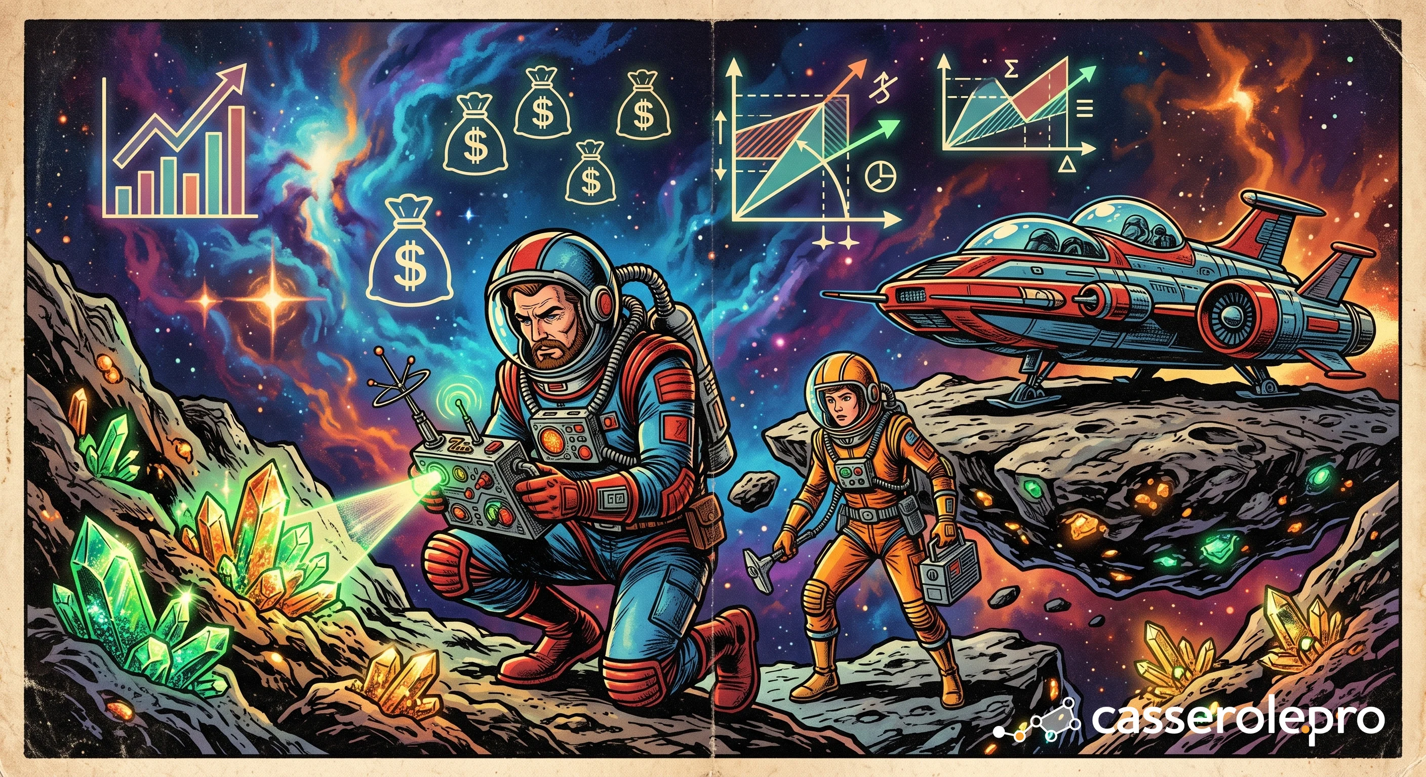 Illustration rétro-futuriste d’astronautes récoltant des ressources précieuses avec des graphiques de profit, symbolisant un suivi du temps de travail optimisé pour la rentabilité et la facturation.